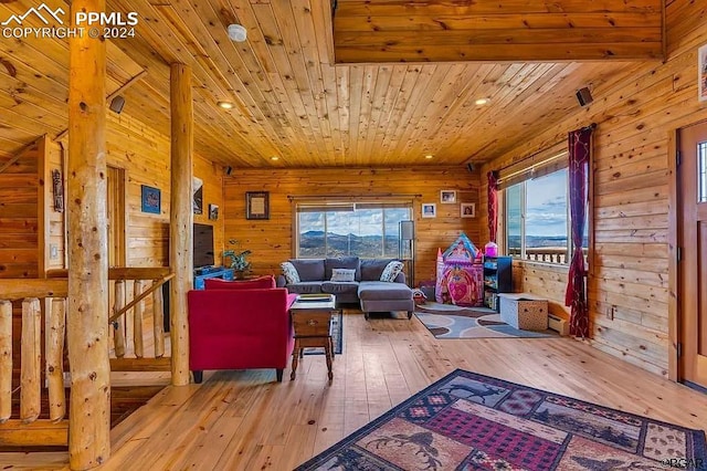 sitting room featuring hardwood / wood-style flooring, wood walls, and wooden ceiling