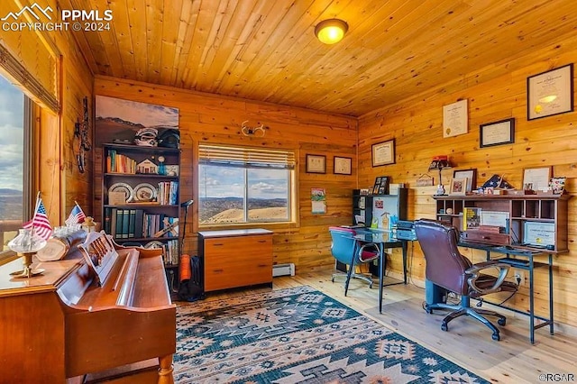 office space with wood-type flooring, wood ceiling, and wood walls