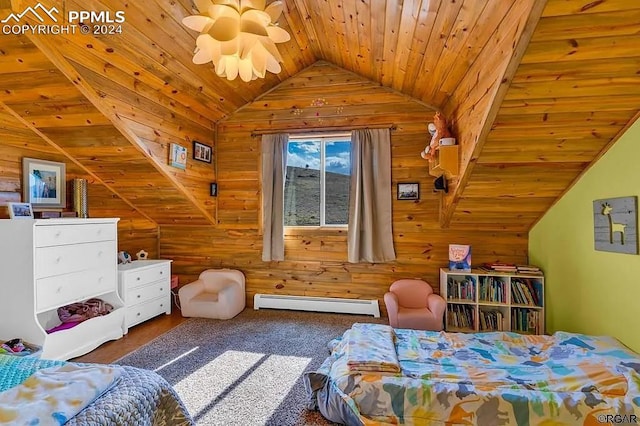 bedroom with vaulted ceiling, a baseboard radiator, wood walls, and wood ceiling