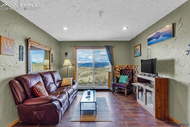 living room with dark hardwood / wood-style flooring