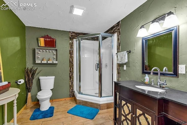 bathroom with walk in shower, wood-type flooring, vanity, and toilet