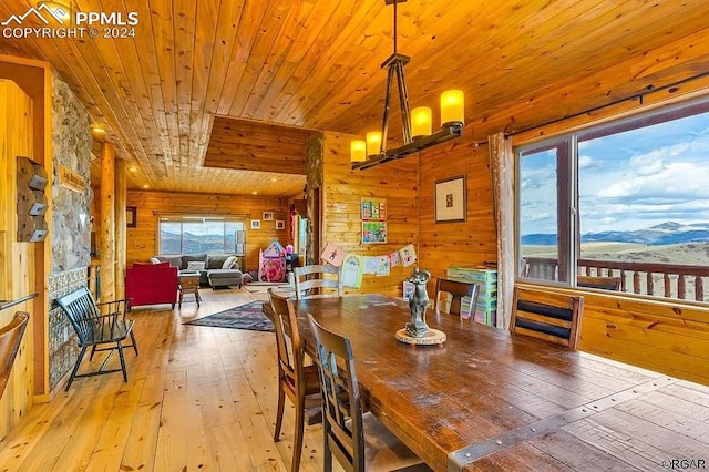 dining space with wood walls, a mountain view, light wood-type flooring, wood ceiling, and a stone fireplace