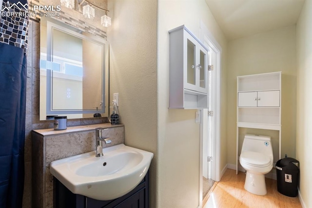 bathroom with vanity, toilet, and hardwood / wood-style flooring