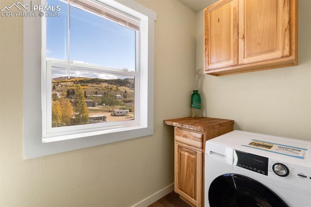 309 S 2nd St, Cripple Creek, CO 80813 - clothes washing area with washer / clothes dryer, cabinet space, baseboards, and dark wood finished floors