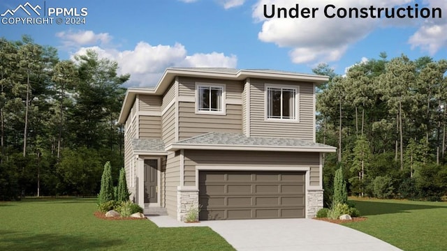 view of front facade featuring a front lawn and a garage