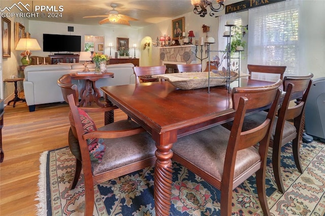 dining area featuring ceiling fan with notable chandelier and light hardwood / wood-style floors