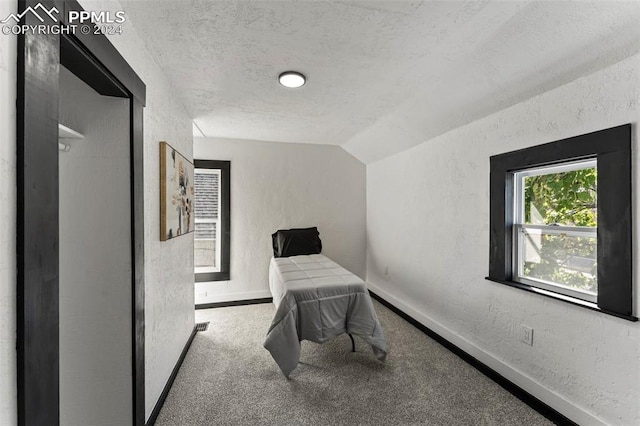 carpeted bedroom featuring lofted ceiling and a textured ceiling