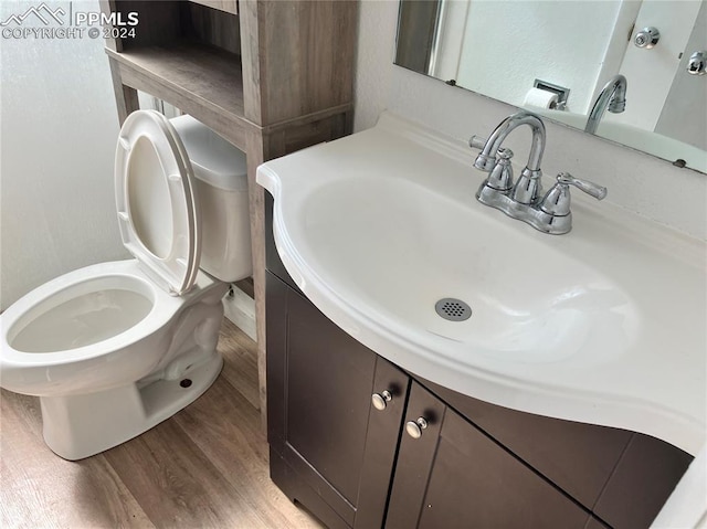 bathroom with hardwood / wood-style floors, vanity, and toilet