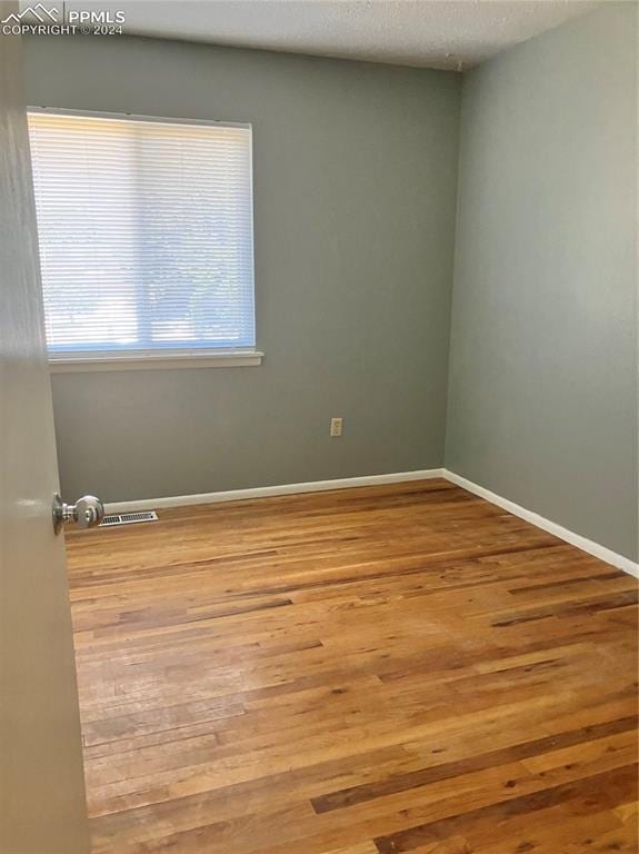 empty room with a textured ceiling and light hardwood / wood-style flooring