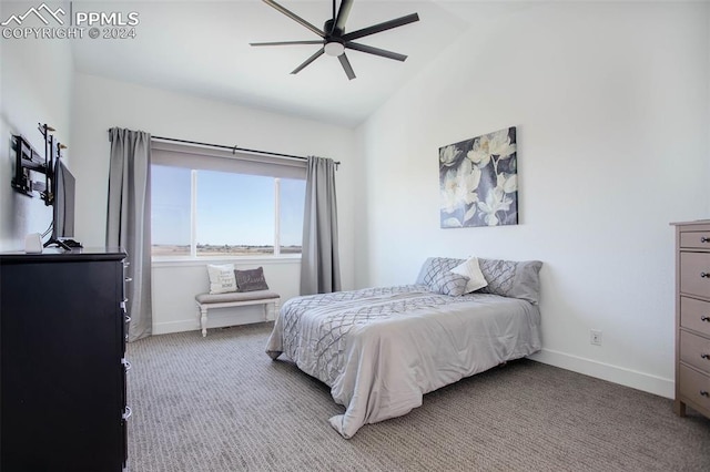 carpeted bedroom with lofted ceiling and ceiling fan