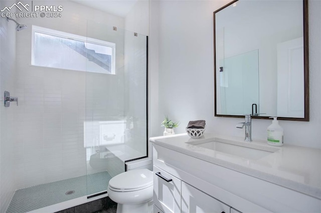 bathroom featuring walk in shower, vanity, and toilet