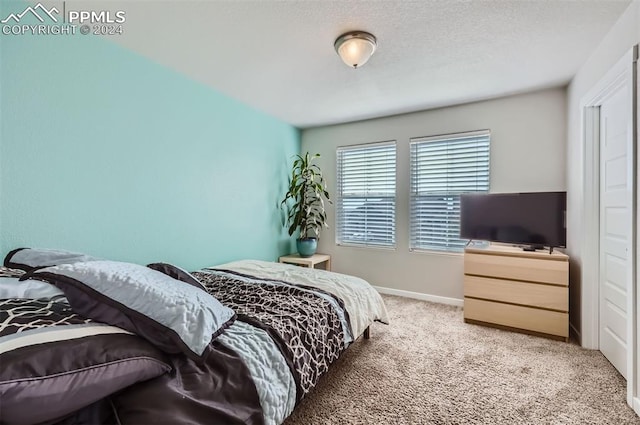 bedroom featuring carpet floors and a textured ceiling