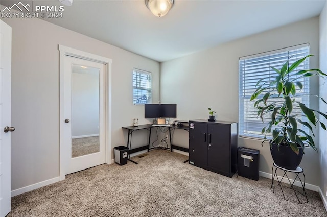 home office with carpet and a healthy amount of sunlight