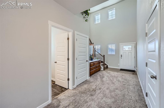 carpeted foyer entrance with a high ceiling