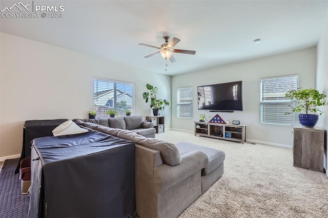 living room with ceiling fan and carpet floors