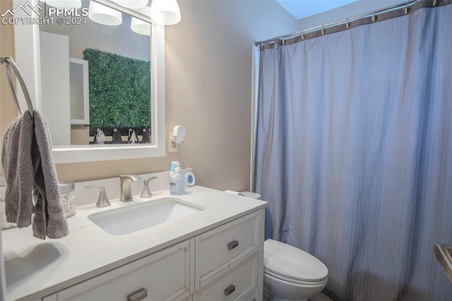 bathroom featuring vanity, toilet, and a shower with shower curtain