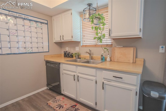 kitchen with dishwasher, dark hardwood / wood-style floors, sink, and white cabinetry