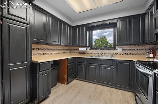 kitchen with light wood-type flooring, decorative backsplash, sink, and stainless steel appliances