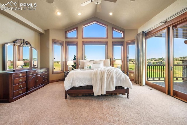 carpeted bedroom with lofted ceiling, access to exterior, multiple windows, and ceiling fan