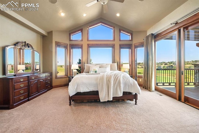 19155 Lochmere Ct, Monument, CO 80132 - carpeted bedroom with access to outside, lofted ceiling, ceiling fan, and recessed lighting