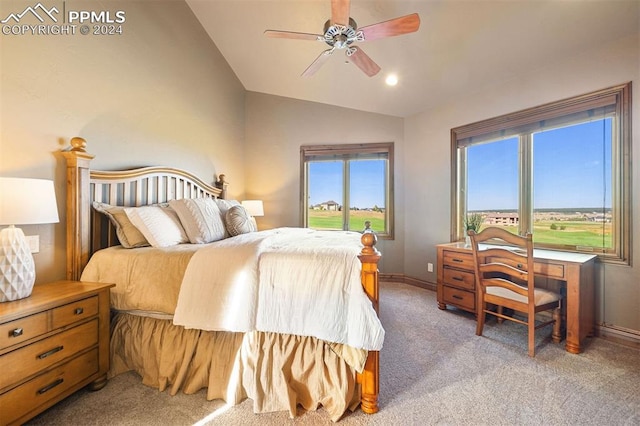 bedroom with ceiling fan, carpet, and vaulted ceiling