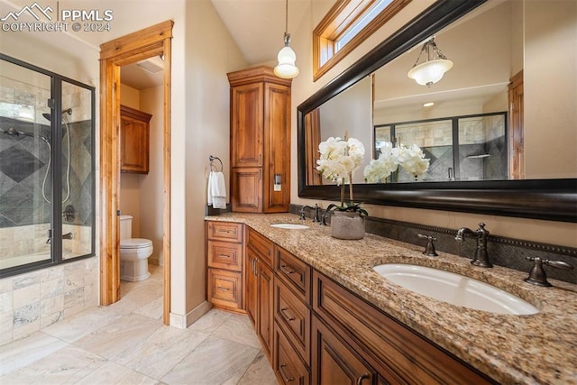 bathroom featuring vanity, toilet, and an enclosed shower