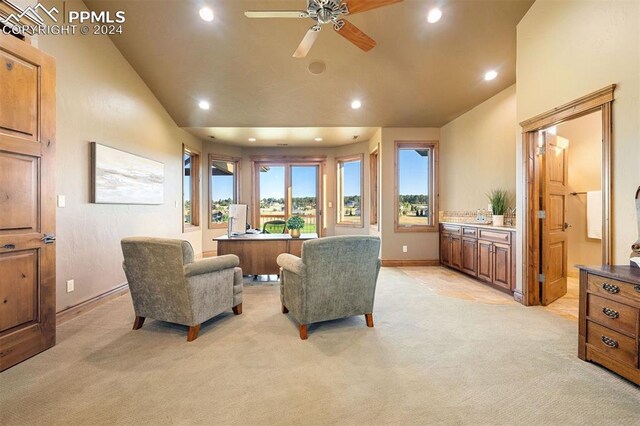 19155 Lochmere Ct, Monument, CO 80132 - living area featuring light carpet, recessed lighting, a desk, a ceiling fan, and baseboards