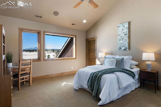 19155 Lochmere Ct, Monument, CO 80132 - carpeted bedroom featuring lofted ceiling, baseboards, and a ceiling fan