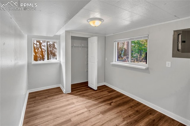 unfurnished bedroom featuring light hardwood / wood-style flooring, a closet, and electric panel