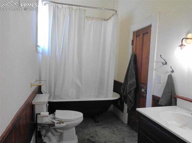 full bathroom with shower / tub combo, vanity, and toilet