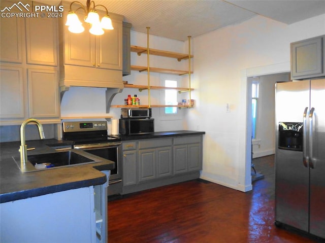 kitchen featuring stainless steel appliances, dark hardwood / wood-style floors, sink, and gray cabinetry