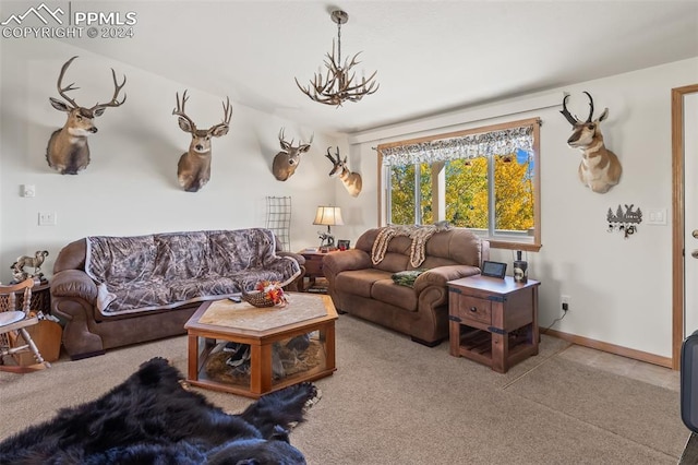 carpeted living room with an inviting chandelier