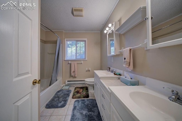 full bathroom featuring toilet, shower / bath combo with shower curtain, tile patterned floors, baseboard heating, and crown molding