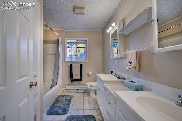 full bathroom with toilet, tile patterned flooring, ornamental molding, shower / tub combo with curtain, and vanity