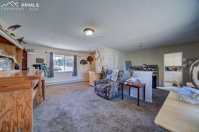 living area with a textured ceiling, carpet floors, and a baseboard heating unit