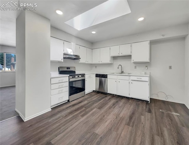 kitchen featuring dark hardwood / wood-style flooring, white cabinetry, appliances with stainless steel finishes, and sink