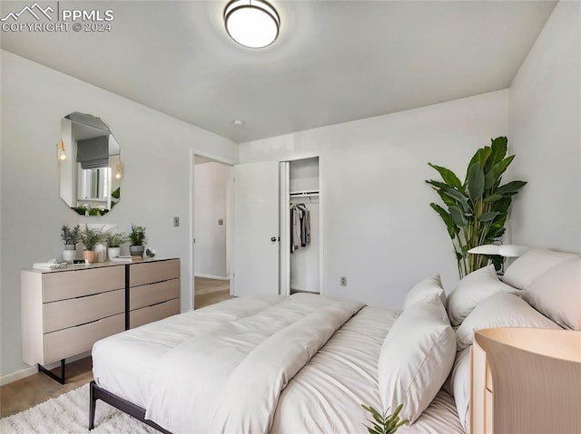 bedroom with light wood-type flooring and a closet