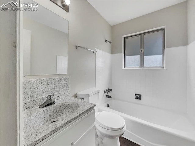 full bathroom with wood-type flooring,  shower combination, decorative backsplash, vanity, and toilet