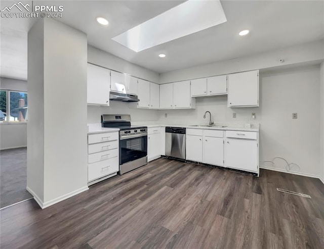 kitchen featuring sink, dark wood-type flooring, stainless steel appliances, and white cabinets