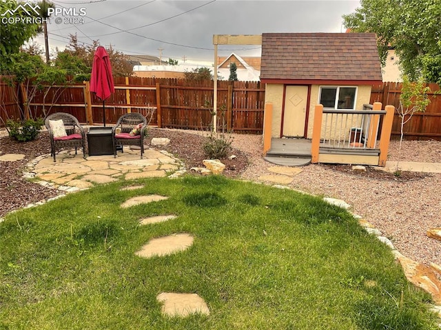 view of yard with a storage unit and a patio area