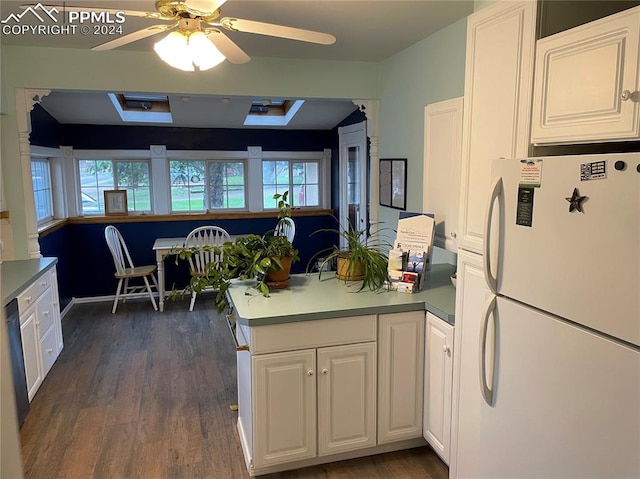 kitchen with a wealth of natural light, white cabinets, white refrigerator, and dark hardwood / wood-style flooring