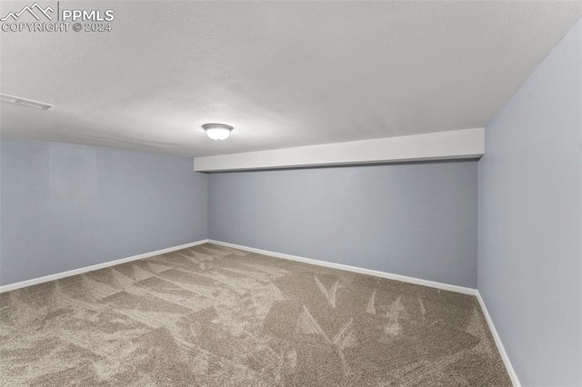 basement with carpet floors and a textured ceiling