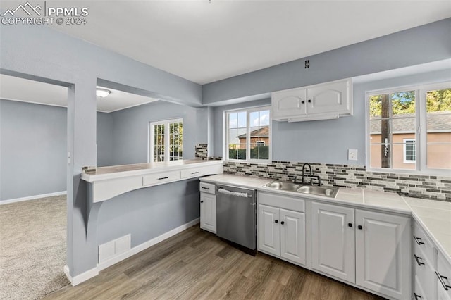 kitchen with tasteful backsplash, sink, white cabinetry, plenty of natural light, and dishwasher