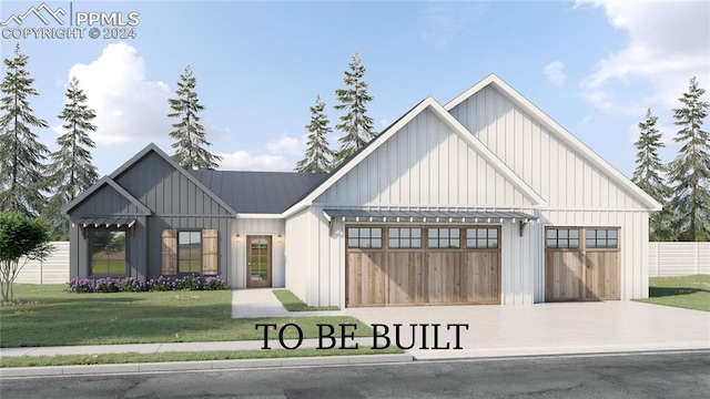 modern farmhouse style home featuring a front lawn and a garage