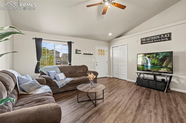 living room featuring wood-type flooring, vaulted ceiling, and ceiling fan