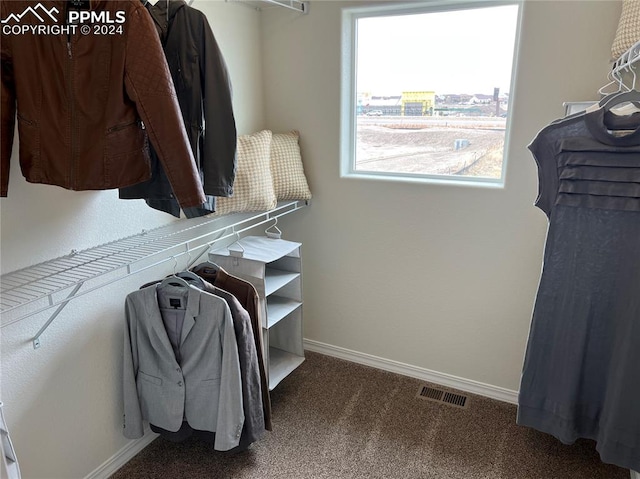 spacious closet featuring dark colored carpet