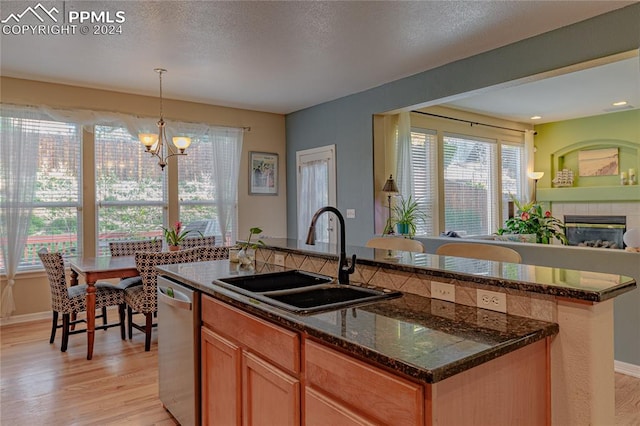 kitchen with pendant lighting, sink, stainless steel dishwasher, a kitchen island with sink, and light hardwood / wood-style flooring