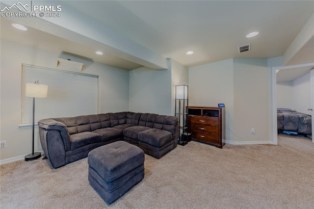 living room with light colored carpet