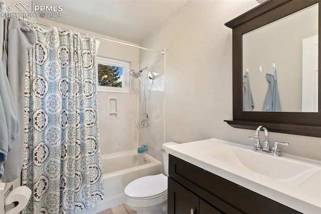 full bathroom with vanity, tile patterned flooring, toilet, and shower / bath combo