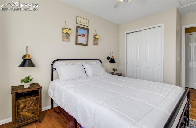 bedroom with ceiling fan, a closet, and wood-type flooring